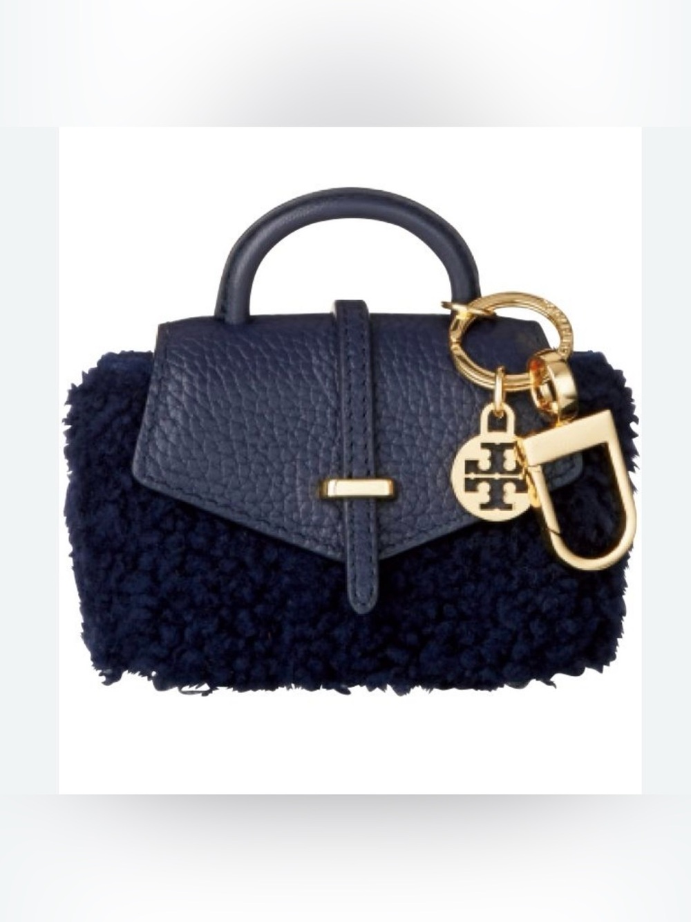 NWOT Tory Burch Navy Shearling & Leather Mini Key/Card Pouch with Gold Hardware